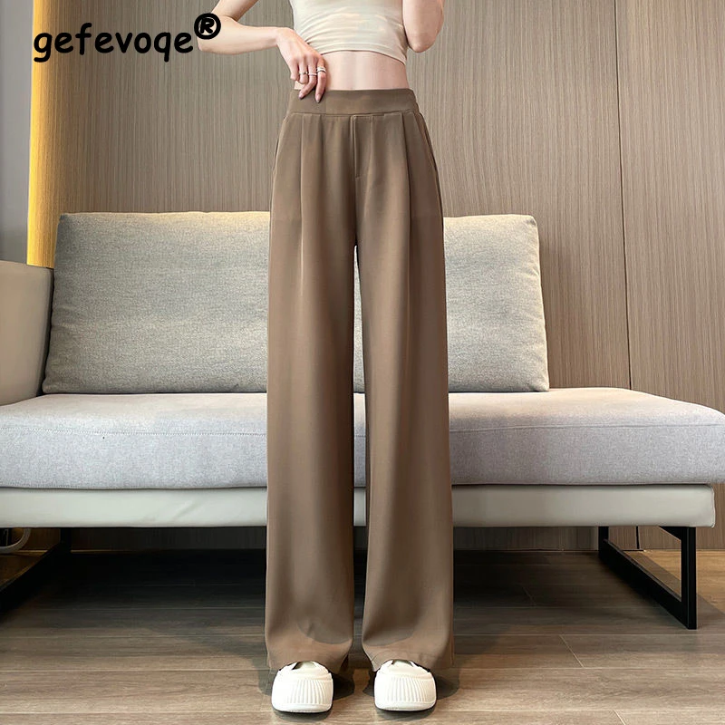 

Women Clothing Korean Fashion Office Lady High Waist Wide Leg Suit Pants Elegant Solid Straight Trousers Casual Loose Pantalones