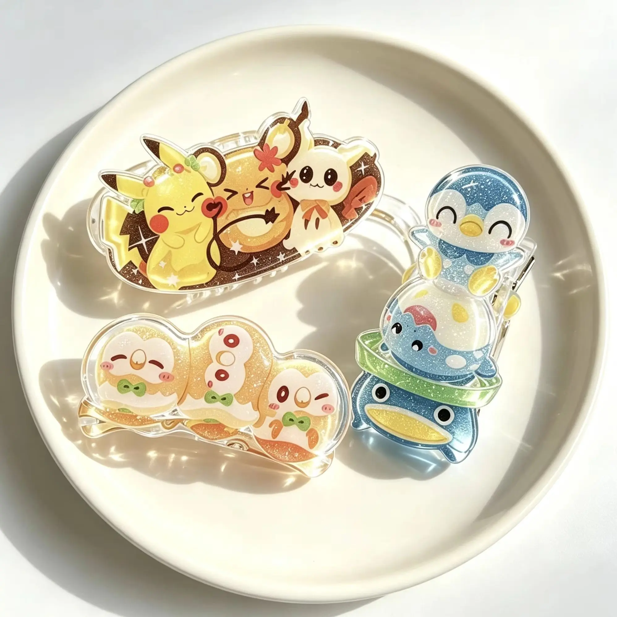 Pokémon 3‑Pack Fan‑Made Acrylic Hair Clips Themed Anime Character Motifs Casual Decor Hair Accessory for Daily Hairstyle