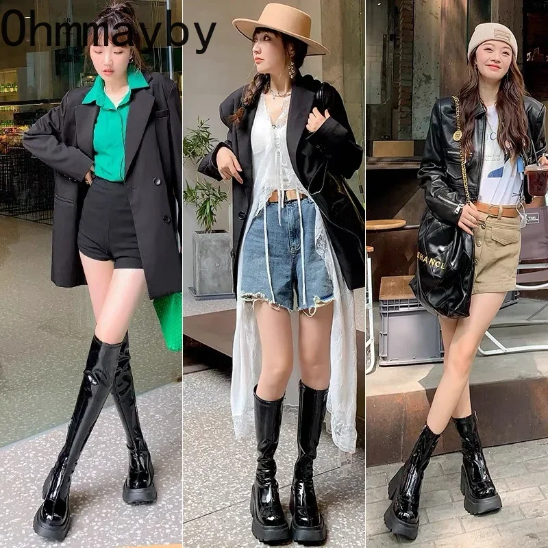 Punk Style Woman Knee-High Boots Zipper Fashion Patent Leather Long Booties 2024 New Autumn Winter High Heel Ladies Shoes