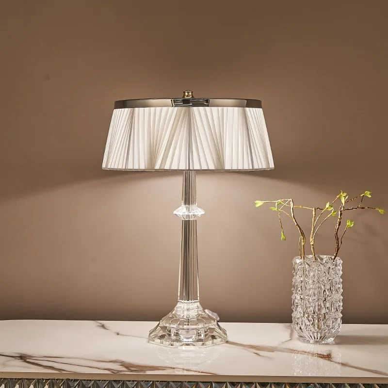 

French Crystal Body Table Lamps Living Room Study Villa Luxury Atmosphere Bedroom Designer Art Fabric Lampshade LED Desk Lights