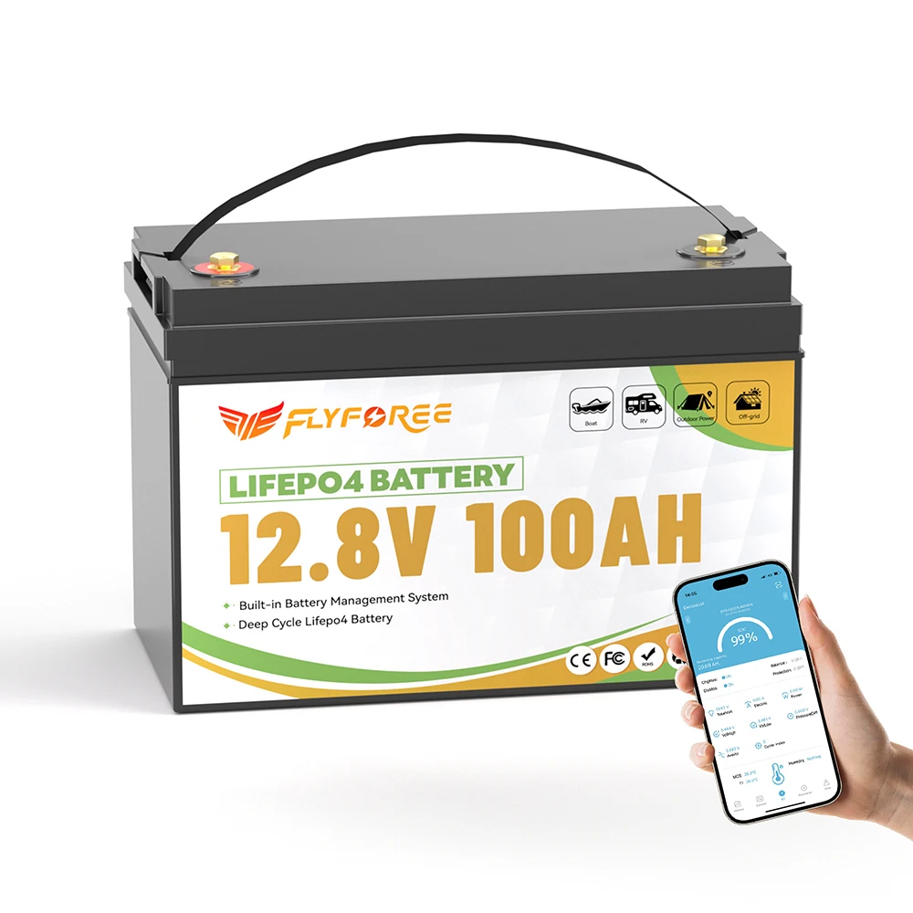 Duitsland Voorraad FLLYROWER 12.8v 100Ah Bluetooth 120Ah 180Ah 300Ah LiFePO4 Batterij Solar Lithium Lifepo4 Batterij - afbeelding 1