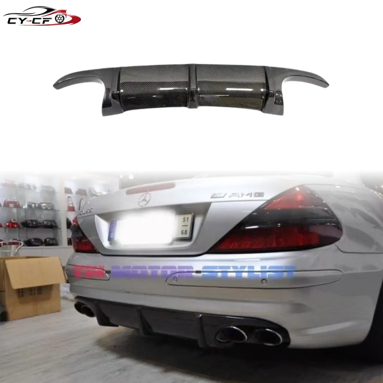 Suitable for 2003-2006 Mercedes-Benz SL Class R230 SL55 Upgraded Carbon Fiber Rear Lip and Rear Diffuser