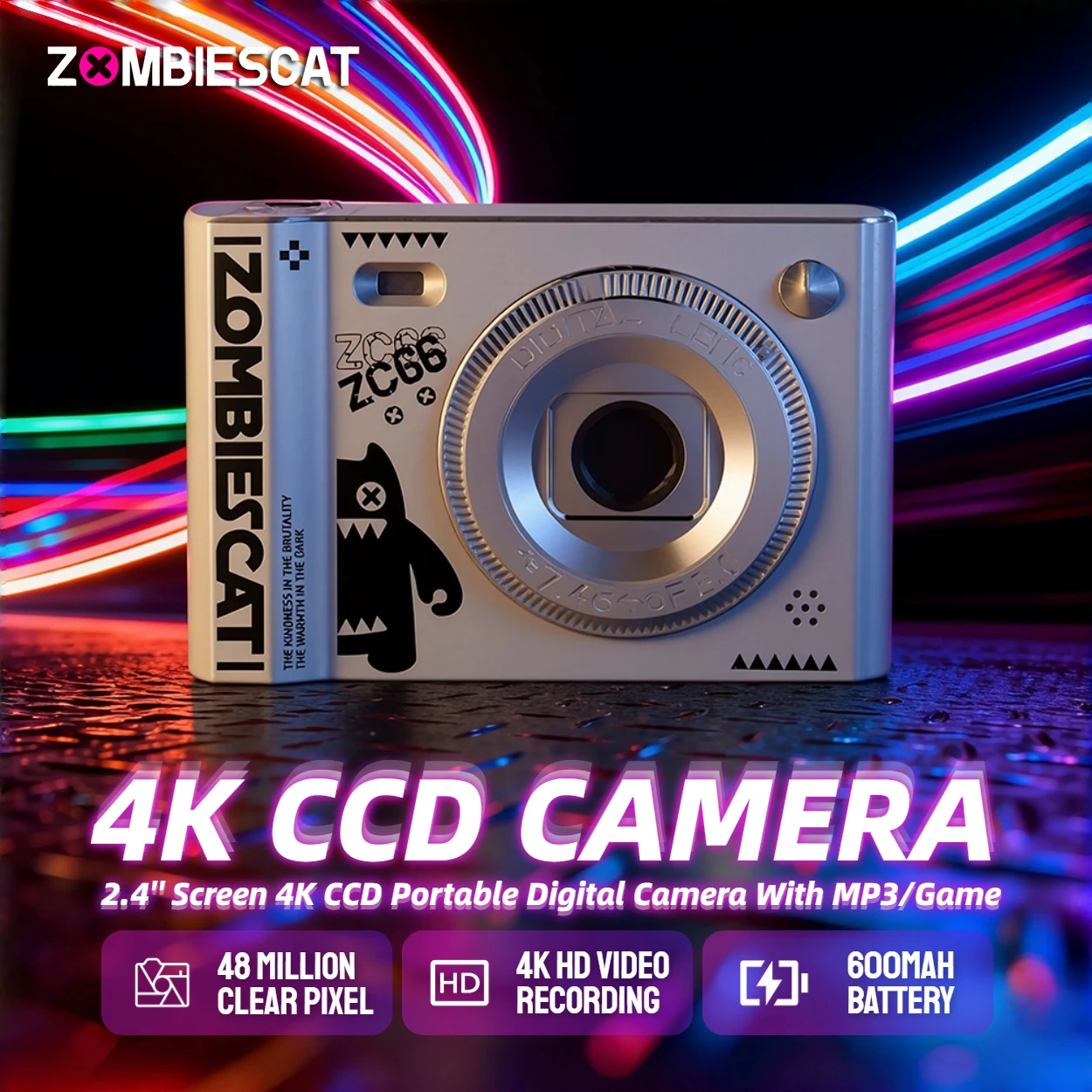 Zombies Cat XJ01 4K Digitalkamera CCD 2,4-Zoll-Bildschirm Selfie-Kamera 8-facher Zoom 48 MP tragbare digitale Fotokamera mit MP3/Spiel