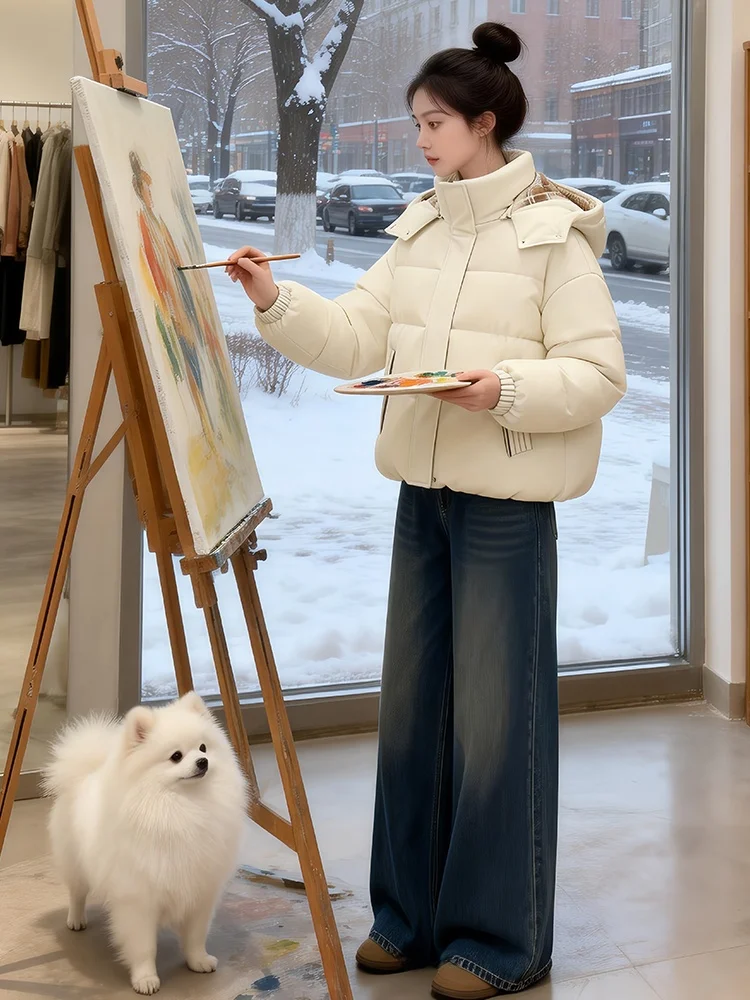 

Korean Sle Thiened Fce Women's Jaet Faionable Loose Cotton Puffer Coat ort Length Zipper Closure Color