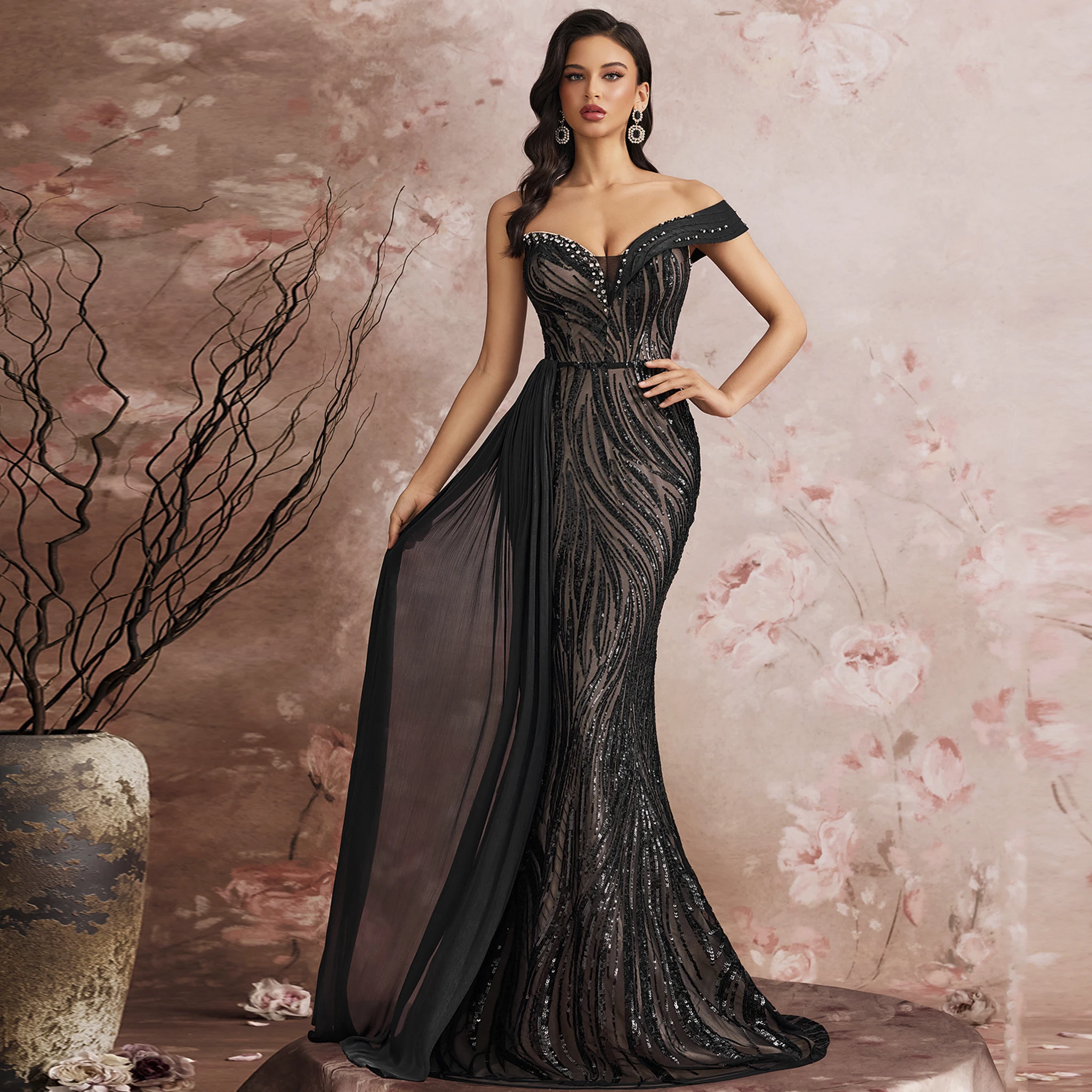 

Rosymae Black Party Dress for Woman with One Shoulder Mermaid Party Gown Prom Birthday Wear Elegant