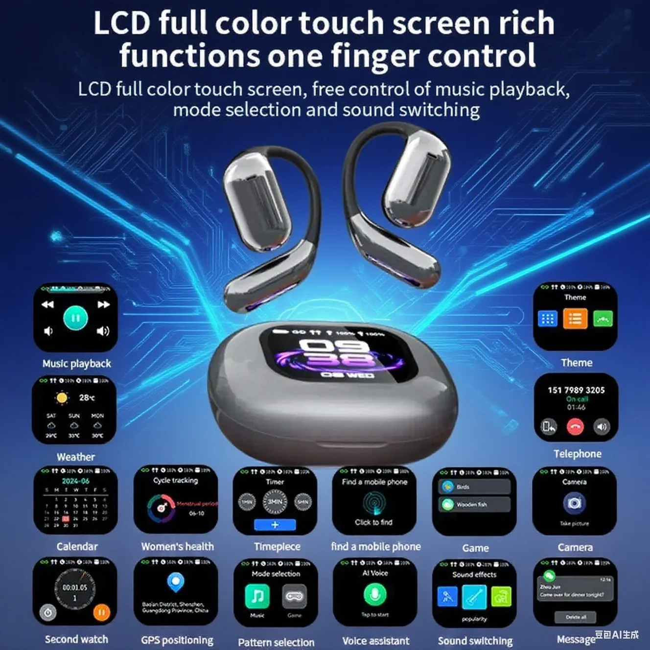 

OWS Hanging Ear LCD Color Screen Bluetooth 5.4 Open Non in Ear Sports Wireless Intelligent AI Translation Wireless Earphones
