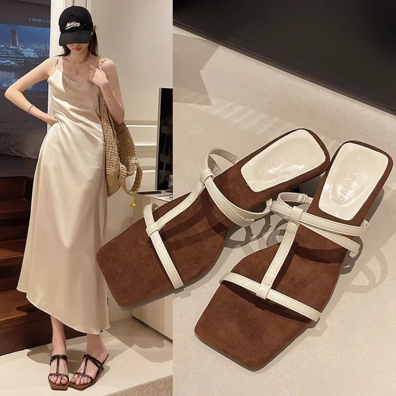 

High Heels Comfortable New Summer Solid Leather Slippers Female Shoes Women Shoes Woman Fashion Cool Mules Slides Flip Flops New