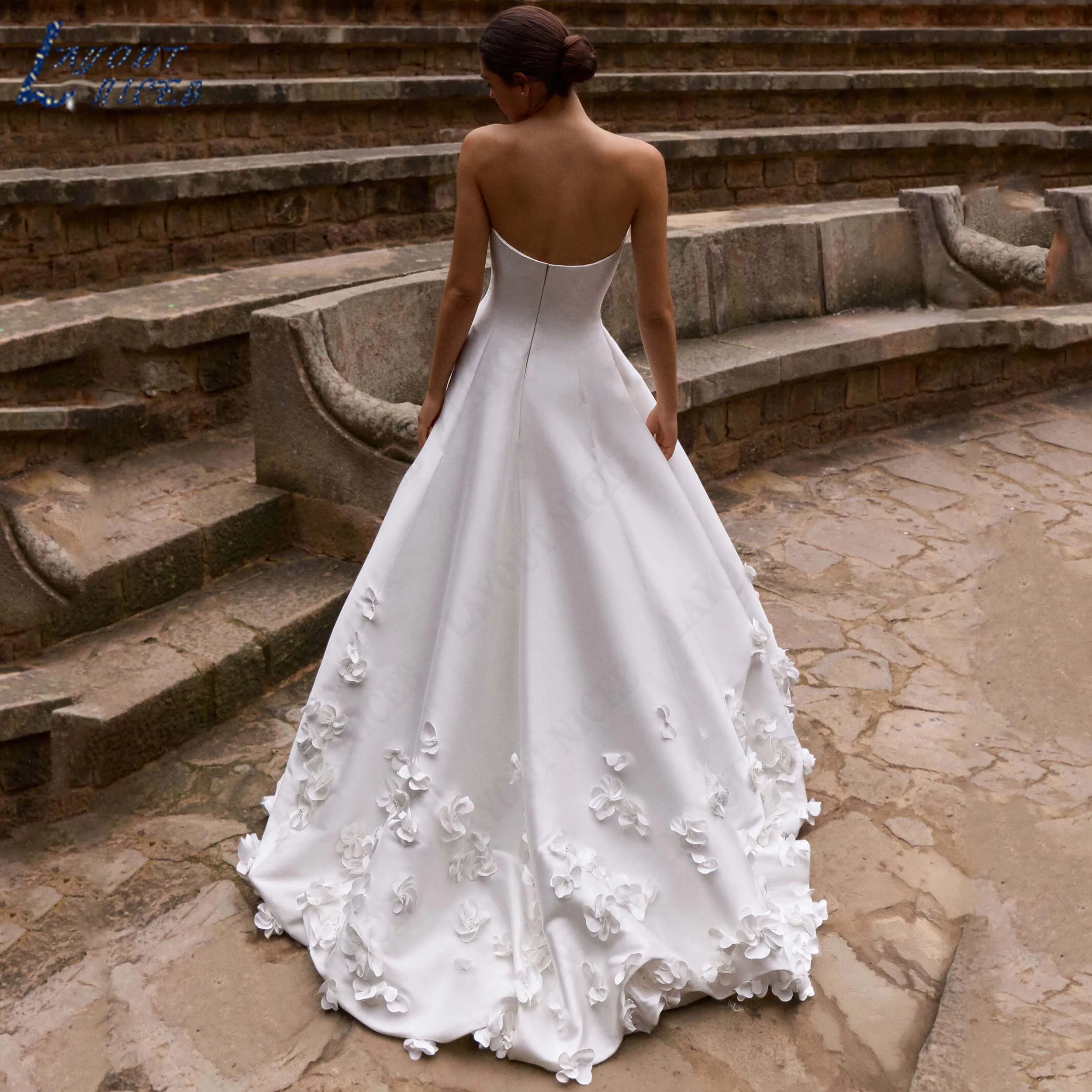 LAYOUT NICEB Customized Strapless A Line Wedding Dress Satin Sleeveless Bridal Gown 3D Floral Minimalist Gowns For Bride