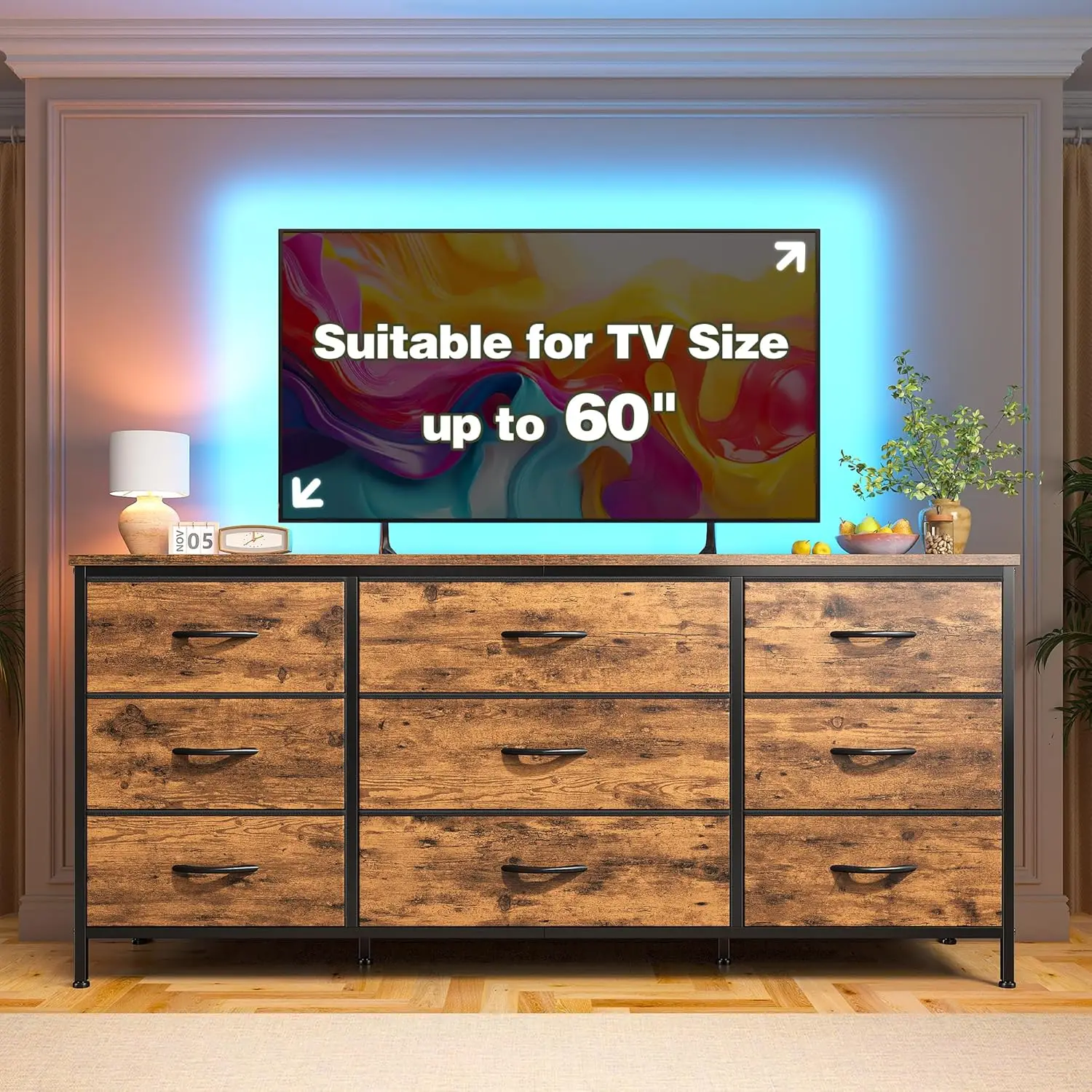 Dresser TV Stand with 9 Drawers for 60'' TV Stand for Bedroom Long Dresser for Bedroom Wide Dressers & Chests of Drawers, Sturdy