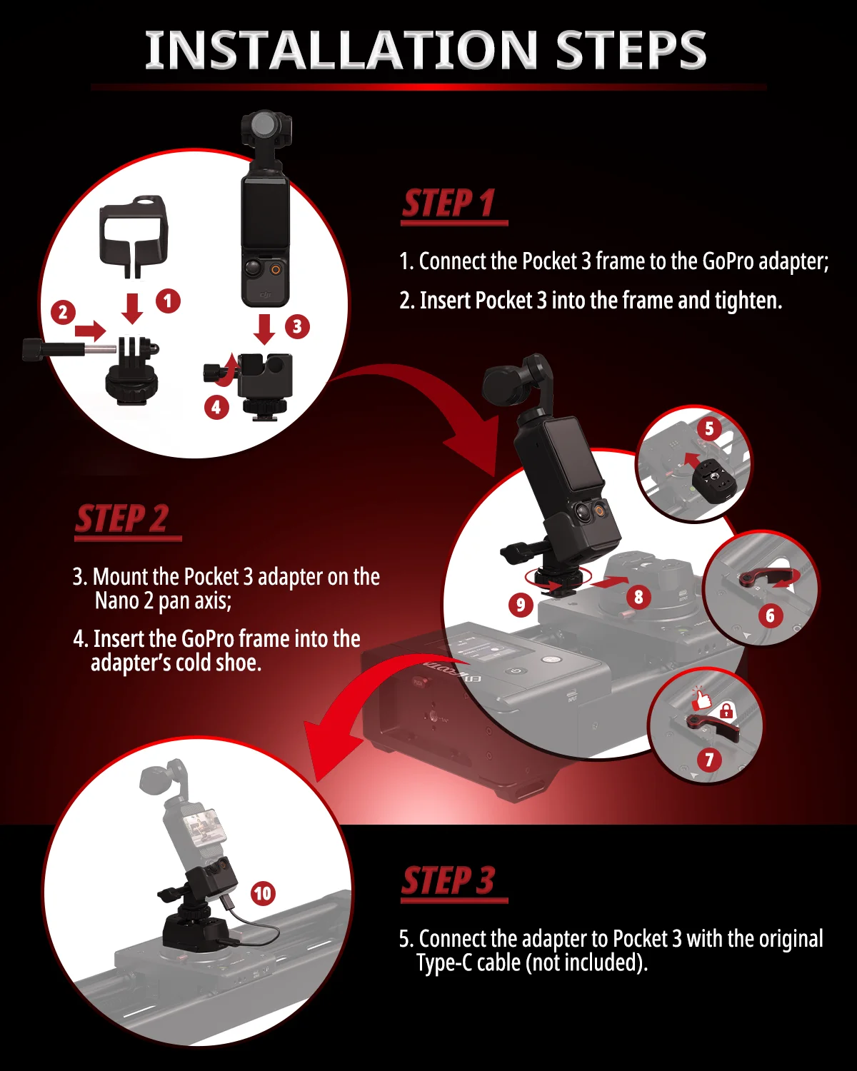 محول IFOOTAGE DJI Osmo Pocket 3 لجهاز Shark Slider Nano II التحكم الكامل في الحركة عبر اتصال USB-C غير متضمن نانو