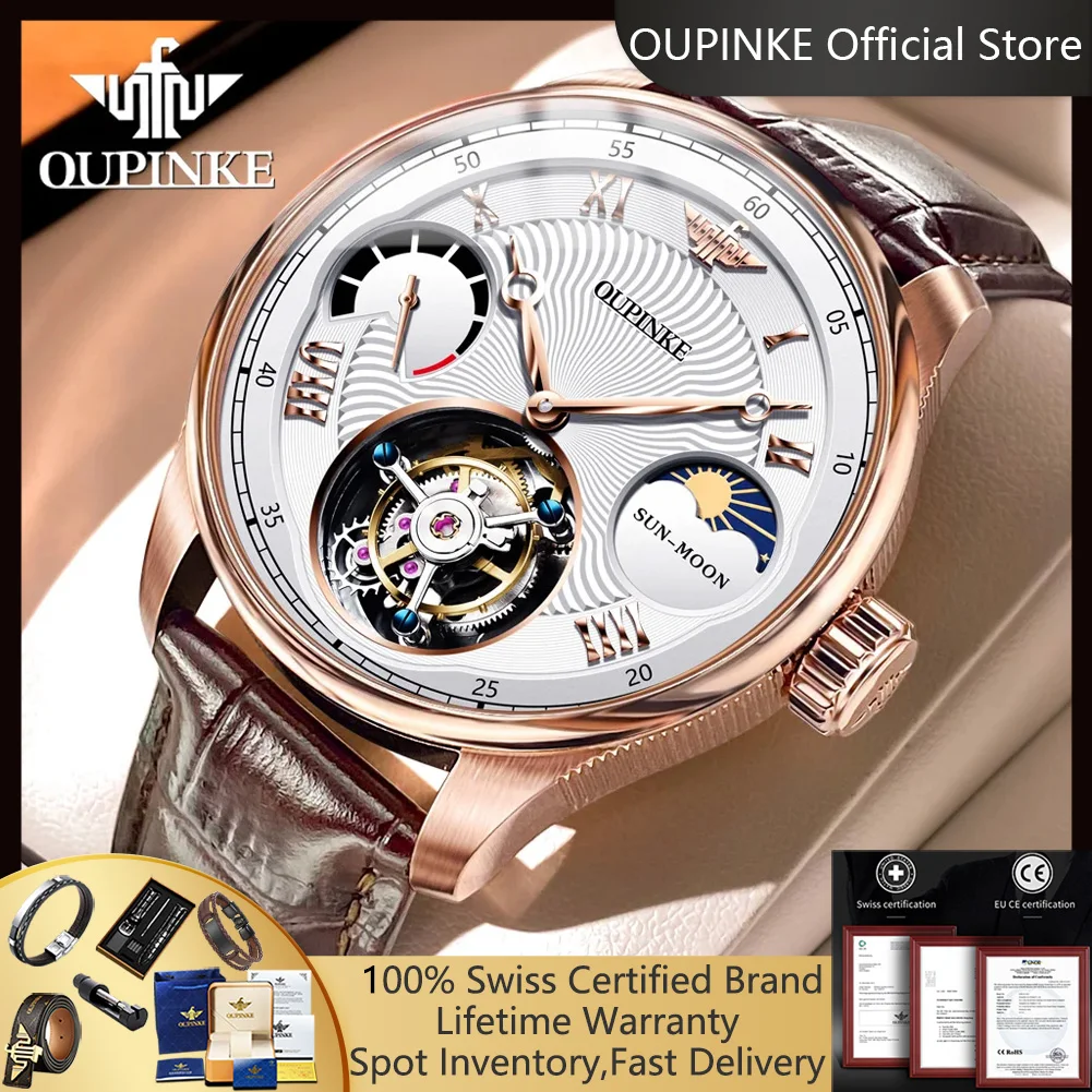 

OUPINKE 8001 настоящие часы с турбийоном для мужчин, элитные роскошные часы со скелетом и фазой Луны, хронограф, 5 бар, водонепроницаемые механические часы для мужчин