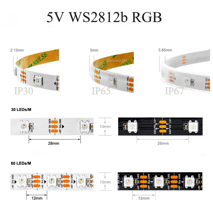 Imagem -04 - Impermeável Led Strip Light para Decoração da Casa Fita Endereçável Backlight Ribbon Ws2812b Ws2811 Rgb