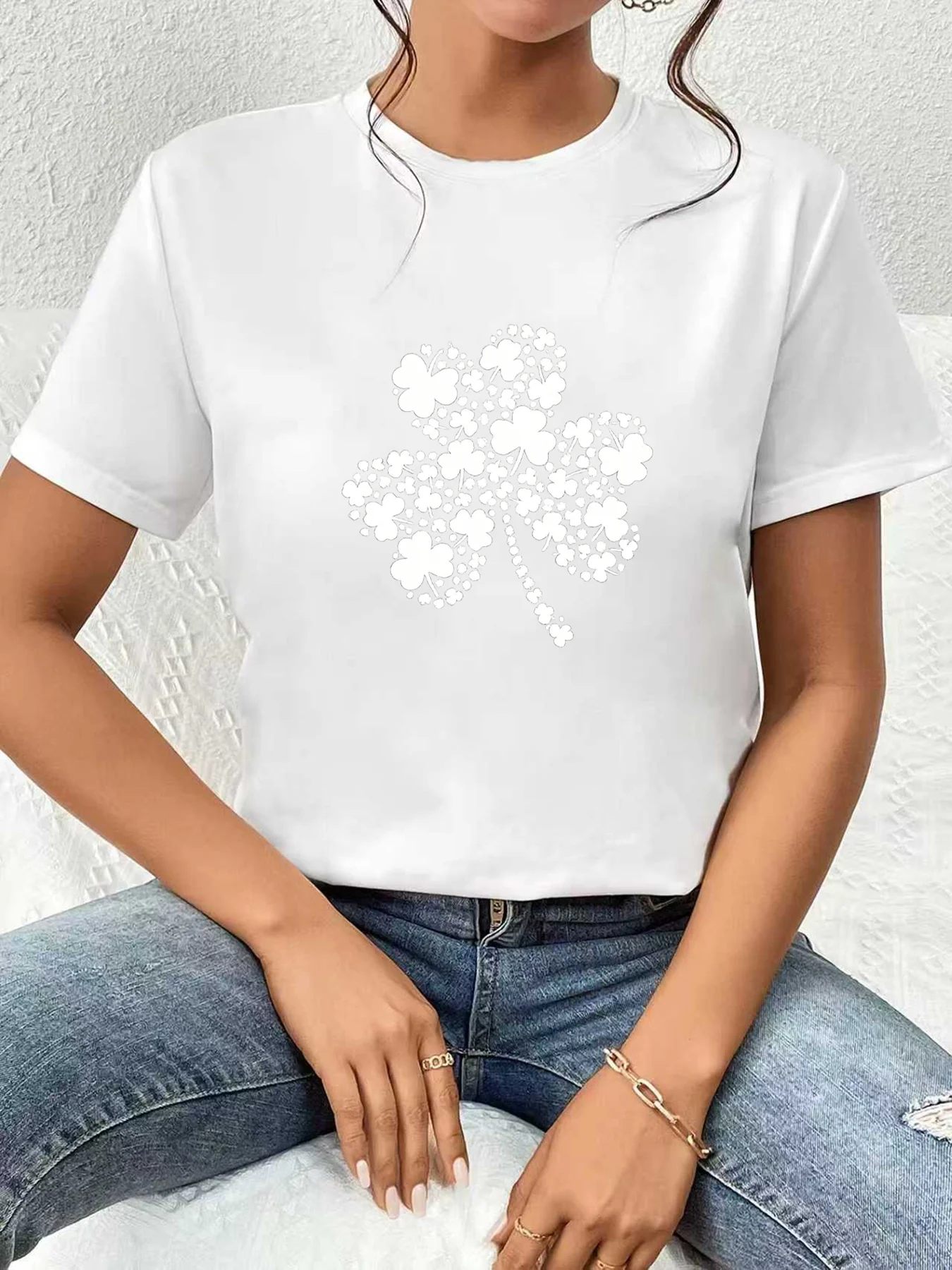 

【WDS0364】Plus size women's round neck short sleeve T-shirt with elastic half sleeves and trendy prints