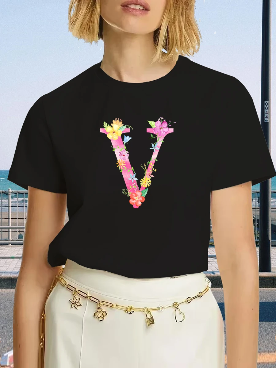 

Women's Letter V Flowers Printed T-shirt Fashion Plus Size Casual Letter Pattern Tops Summer Loose Harajuku Clothing