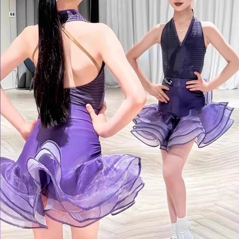 

Детский комплект для латинских танцев, весна/лето, мечта, фиолетовая рыбья кость, комплект с большим маятником на шее, платье для танцевальной практики для девочек, выступление