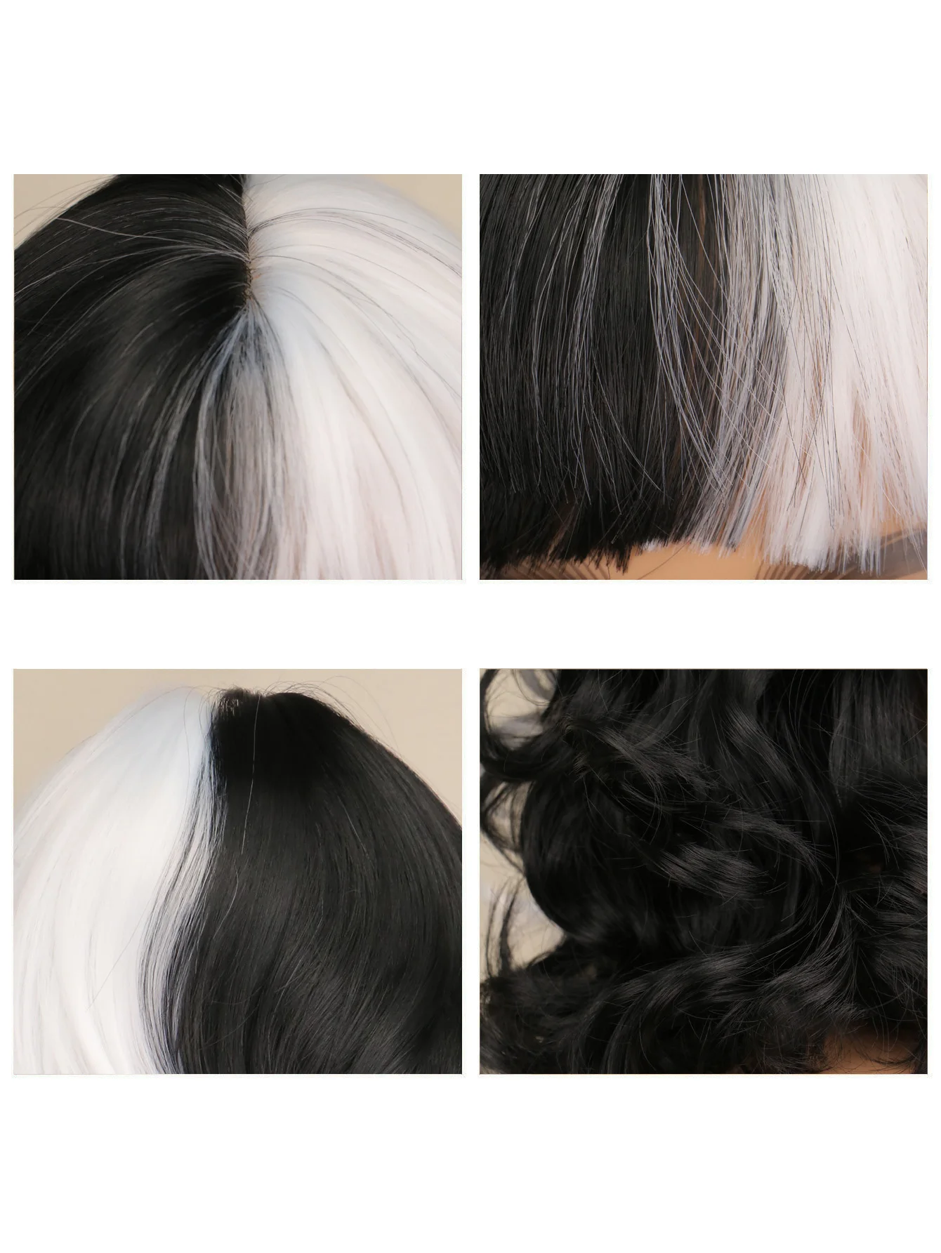 Cruella Wigs Black and White Costume Women Short Curly Wavy Hair Wig with Wig Cute Synthetic Wigs for Party Halloween