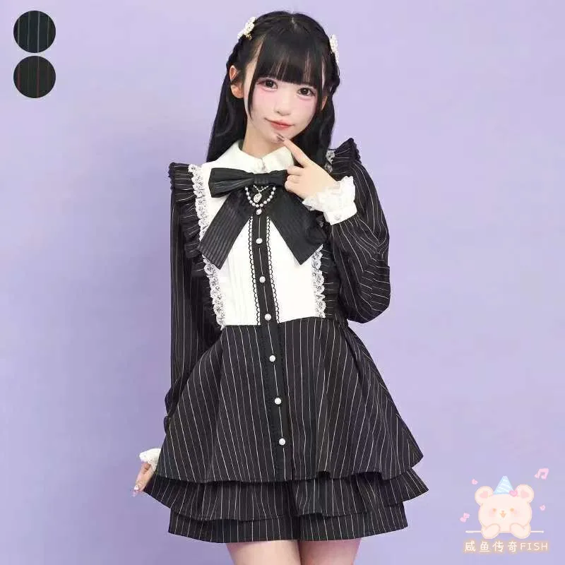 اليابانية الألغام نمط الإنتاج الضخم دمية طوق القوس طويلة الأكمام لوليتا فستان قصير مخطط عالية الخصر السراويل قطعتين مجموعات النساء