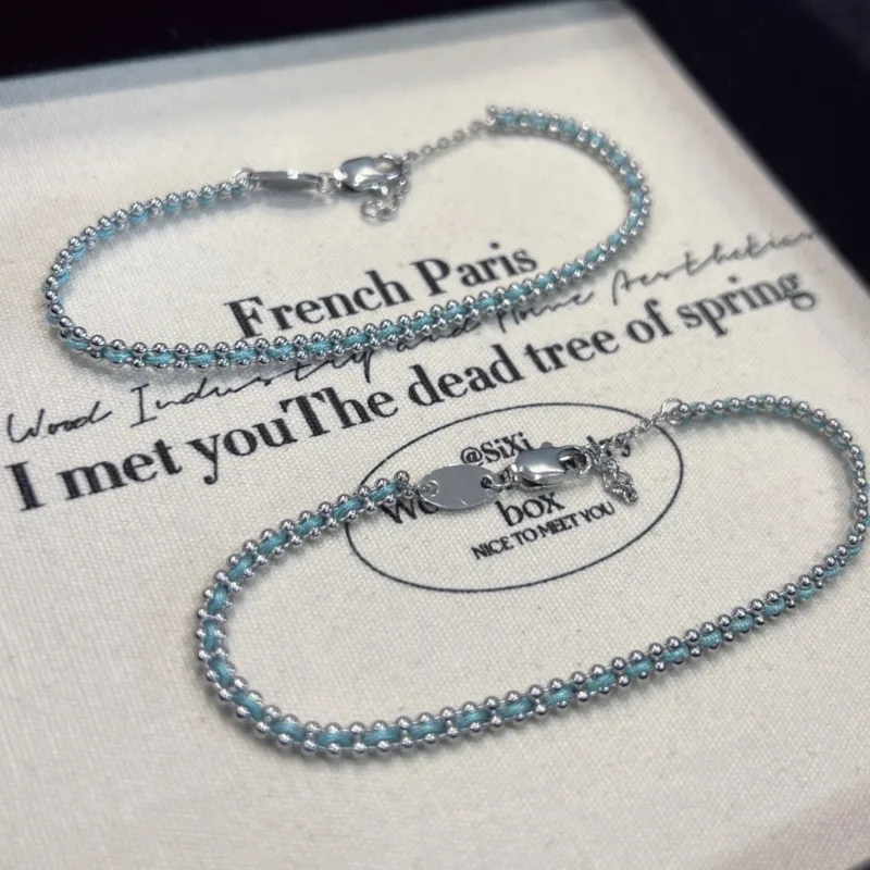 Paris France Red String 18K Gold Plated Woven Peacock Blue Bracelet Stackable Couple DIY Hand Rope Gift for Bestie Women Girls
