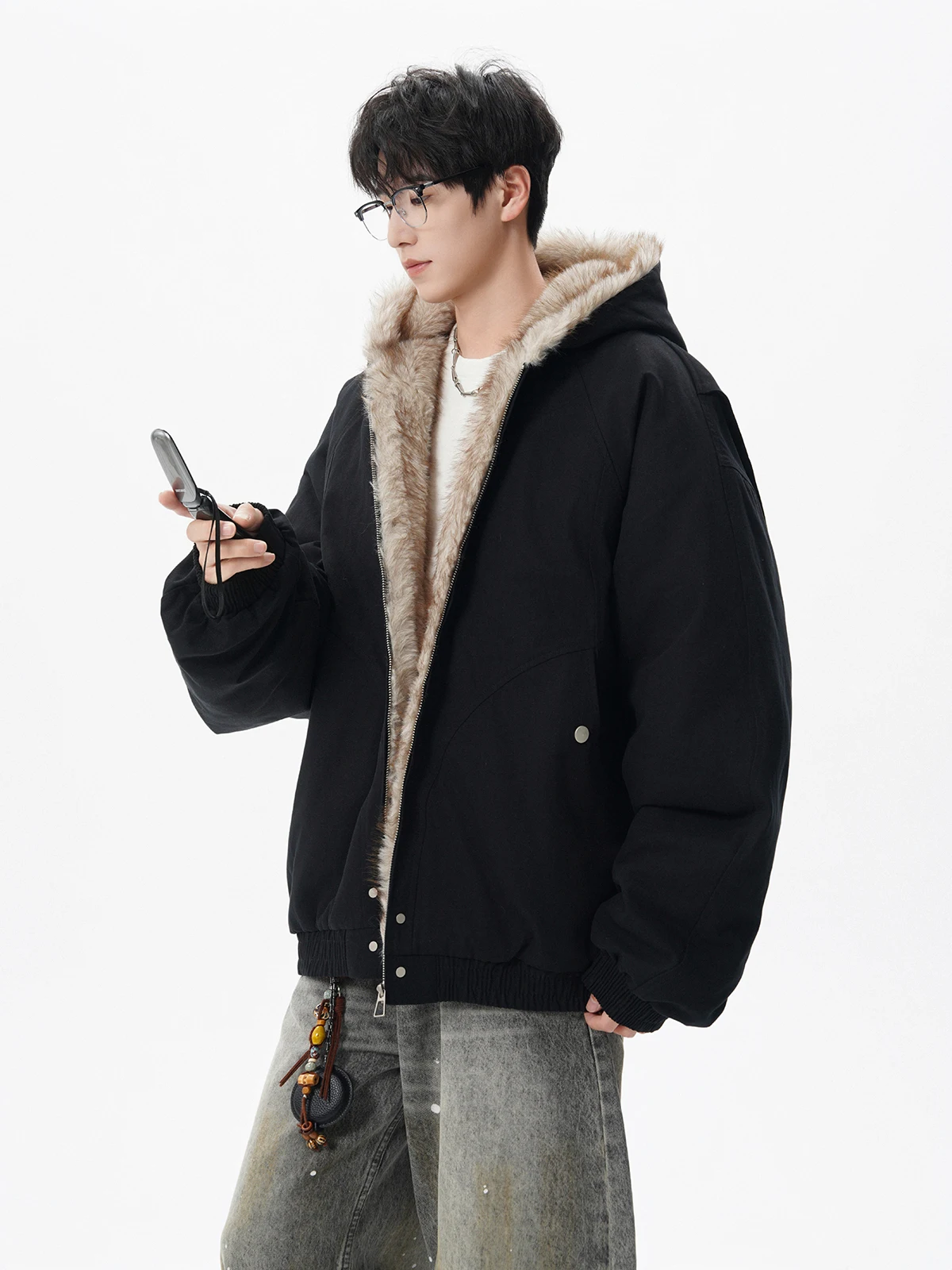 American Style Big Hat Faux Fur Collar Jackets Long Sleeve Parkas Men 2025 Autumn Trendy Warm Three-Dimensional Hooded Jackets