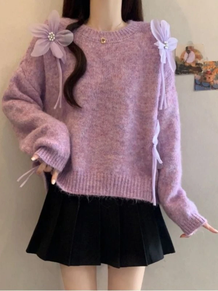Doce outono e inverno casual quente grosso malha pulôver camisola doce estilo feminino tridimensional arco decoração camisola