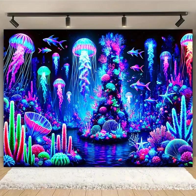 

VIKAMA Halloween Cyberpunk Ocean Tapestry Neon Jellyfish Mechanical Coral Design Gaming Room Bar Decoration