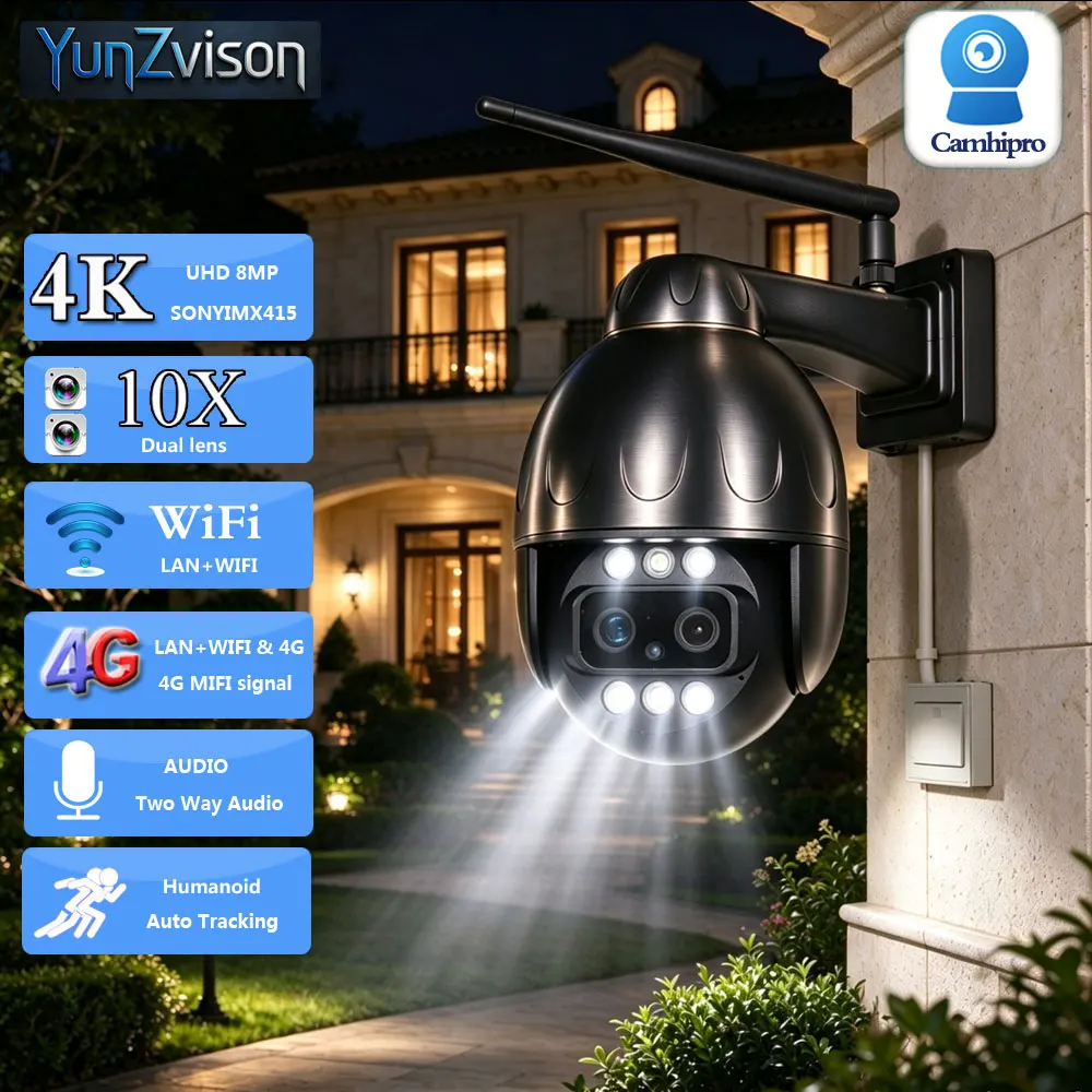 8MP+8MP 4K 3G 4G SIM Card Surveillance IP Camera WIFI PTZ Dome 3.6mm 8mm Dual Lens 10X Digital Zoom Audio Humanoid Tracking