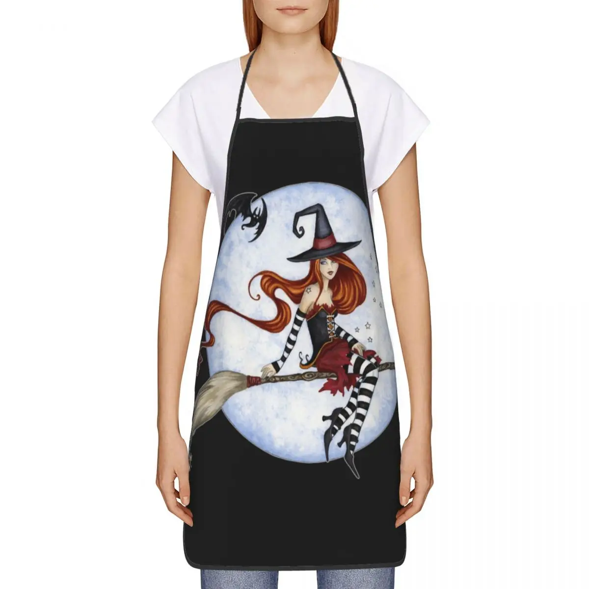 Custom Halloween Witch Moonlight Ride Apron Women Men Unisex Bib Goth Occult Kitchen Cooking Tablier Cuisine Chef Baking