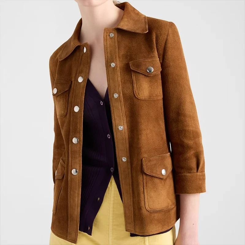 Abrigo de mujer de alta calidad, forro de piel de cabra de piel de ante, bolsillo cargo con cinturón en la cintura, chaqueta de ropa de marca de lujo 25923124