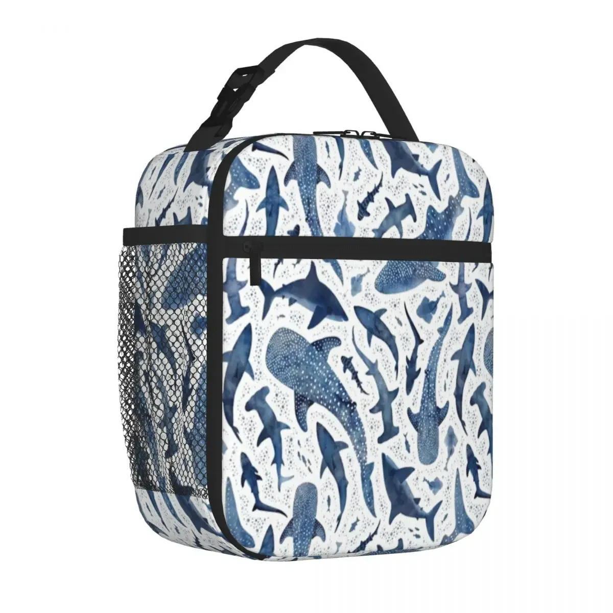 Hot Sale Monochrome Blue Watercolour Shark Ocean On White Transparent Detail Food Cooler Bag Lake Picnic Lunch Handbag