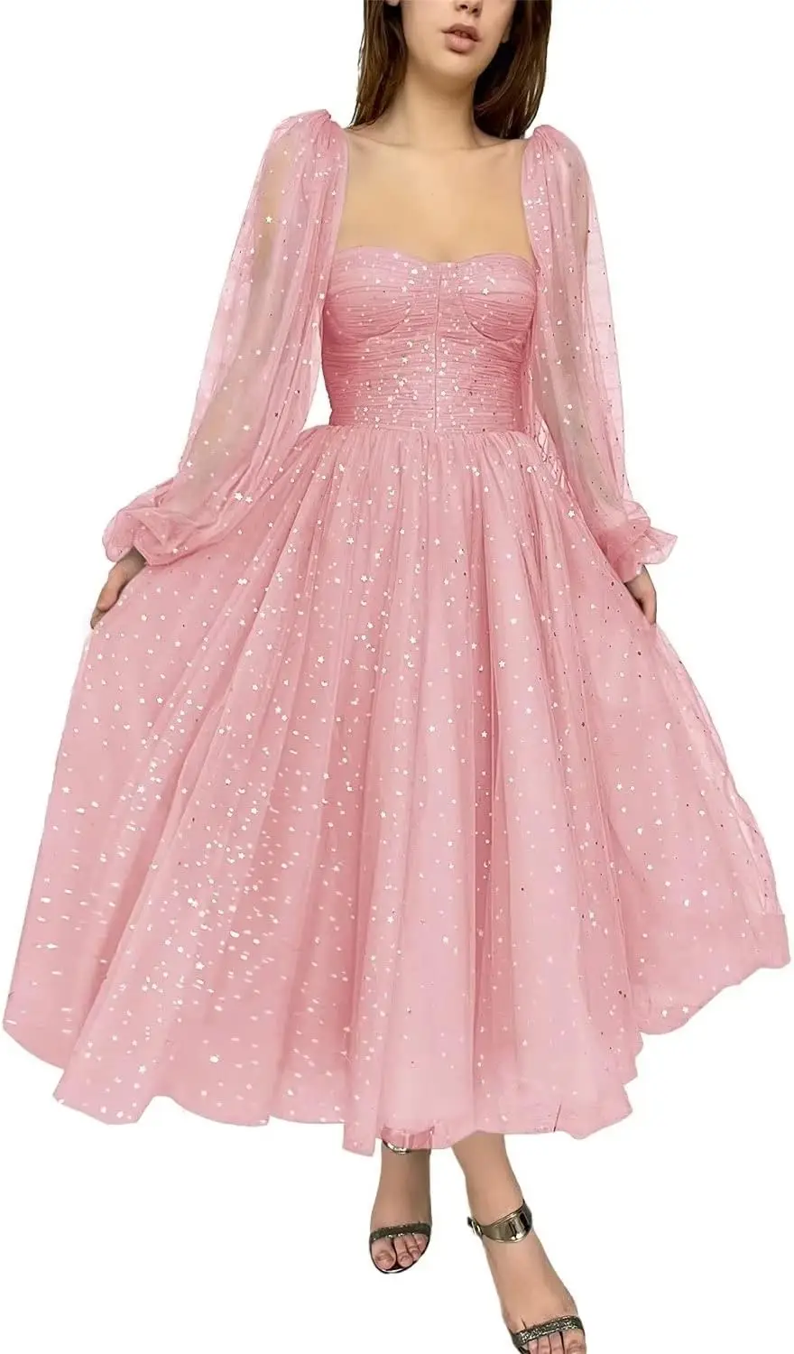 

Puffy Sleeve Prom Dresses Long Sleeves Sparkly Starry Tulle Formal Evening Party Gowns Tea Length Formal Dress Women Elegant