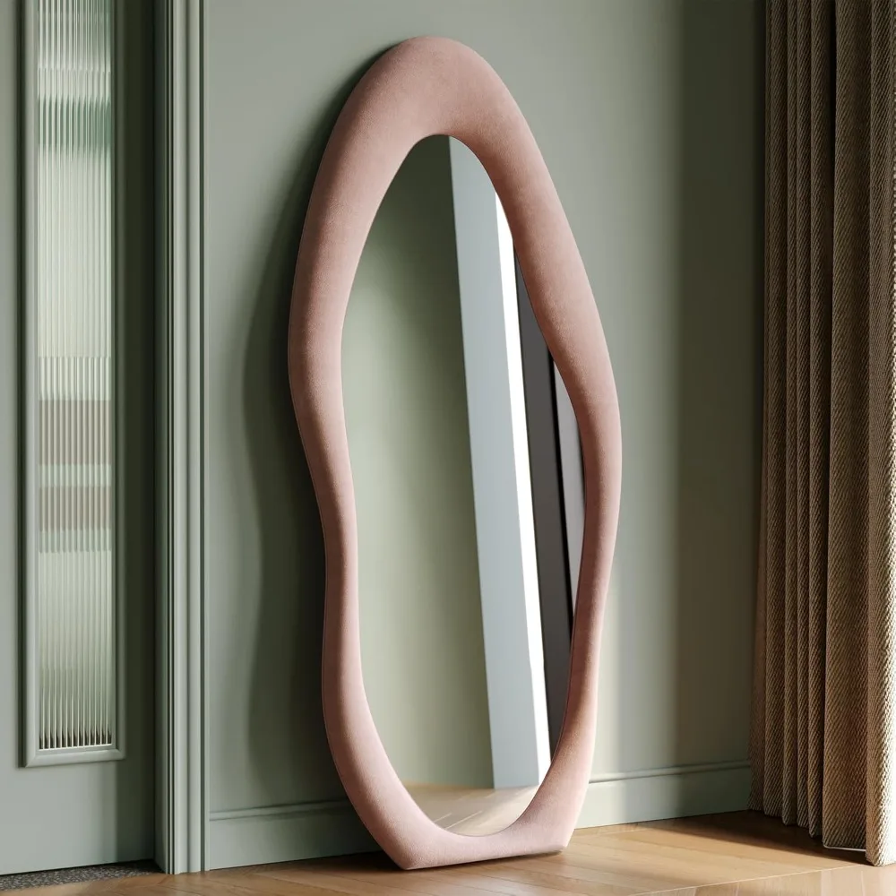 

Full Length Mirror, 63" x 24" Wall Mirror, Flannel Wrapped Wooden Frame Full Body Mirror, Irregular Wavy Mirror Hanging o