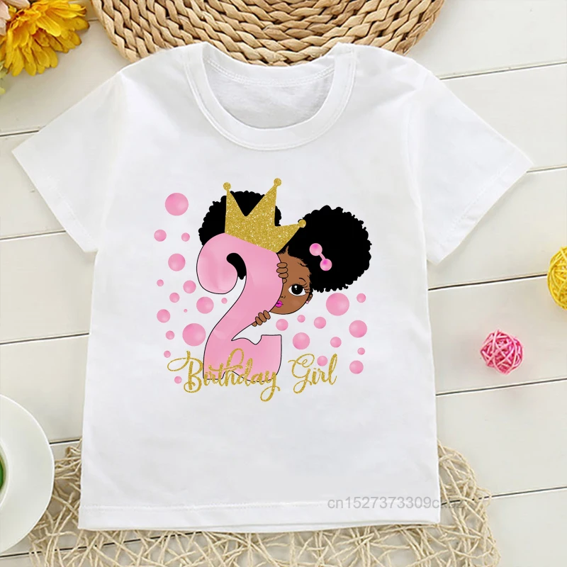 

Peekaboo Girl With Puff Afro Ponytails Birthday Number Baby Girls T-shirt Birthday Party Clothing Funny Kids White Short Sleeve