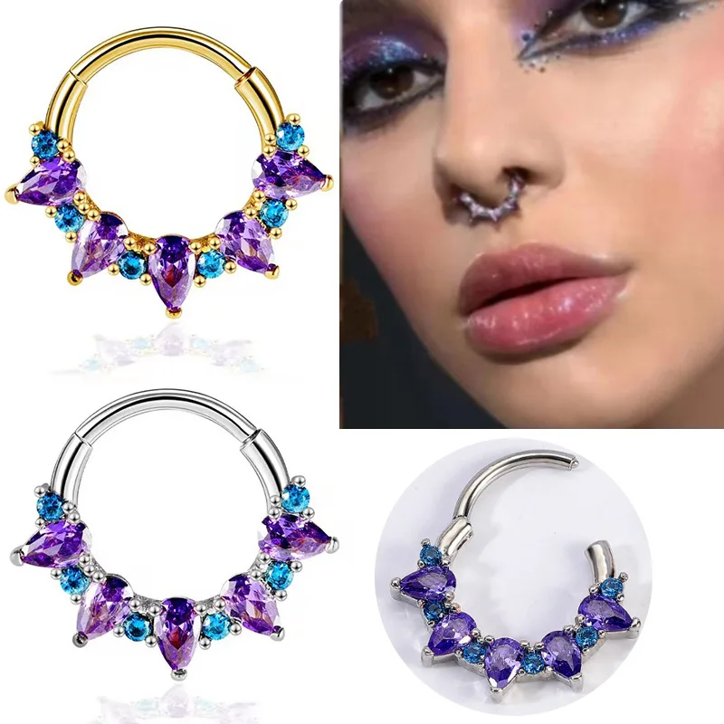 Cubic Zirconia Purple Nose Rings for Women Goth Stainless Steel Hinge Septum Nariz Piercing Sexy Body Jewelry
