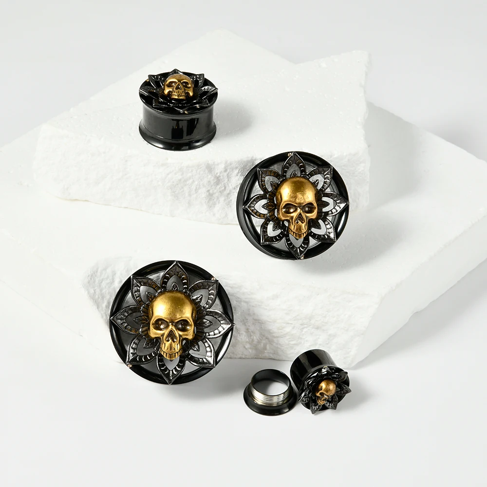 PAIR Stainless Steel Skull Tunnel Plugs Ear Plugs Ear Gauges Expander Tunnels Earlobe Earrings Piercing Jewelry