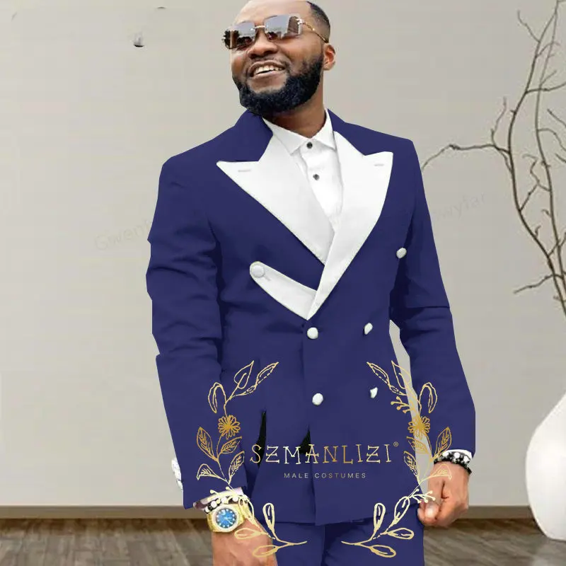 Wedding Royal Blue Men Suits Costume Groom Tuxedos Peaked Lapel Terno Masculino Slim Fit Blazer Custom 2 Pieces (Jacket+Pants)