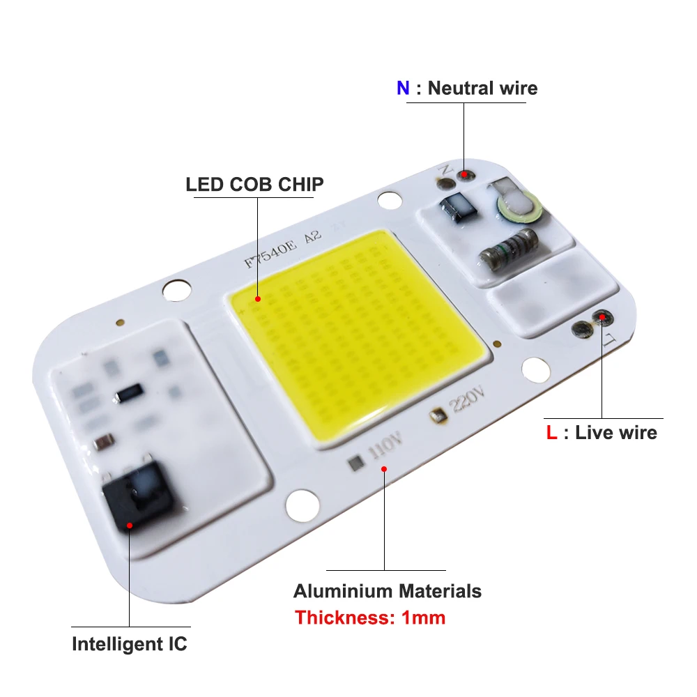 

Детали светодиодного источника света 220 В, чип лампы COB, прожектор, аксессуары для уличного источника света, 20 Вт, 30 Вт, 50 Вт, чип F7540E без водителя