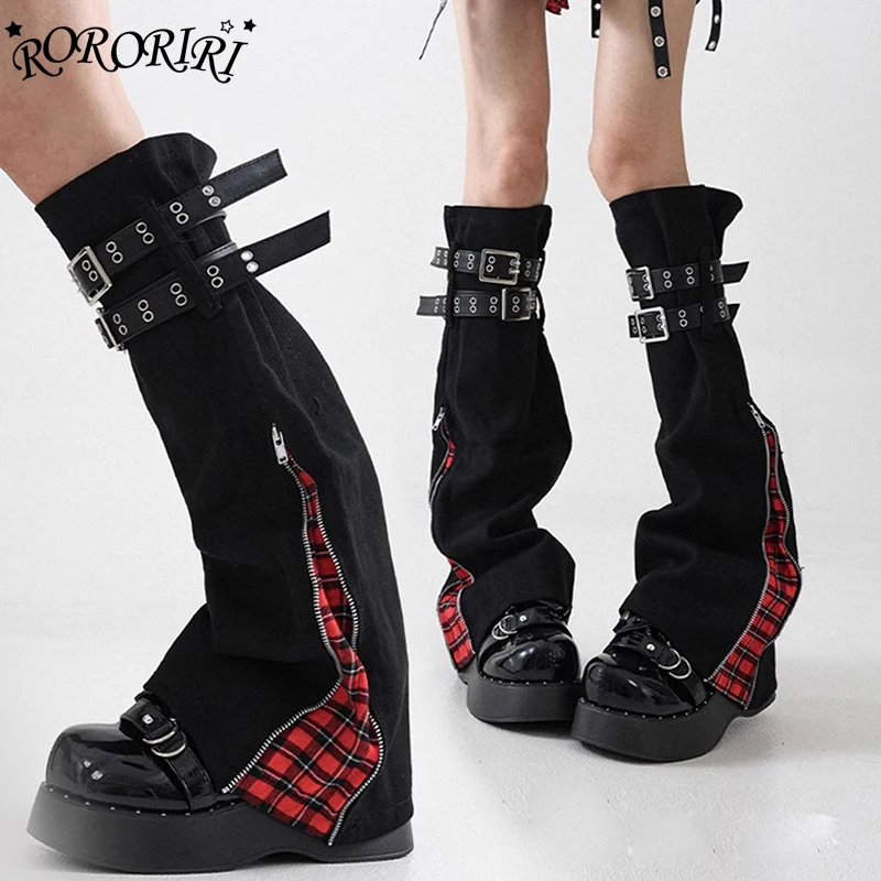 

RORORIRI женские черные кожаные ремни в стиле панк, гетры в клетку с разрезом на молнии, гольфы, сапоги, чехол, готический гранж, уличная одежда