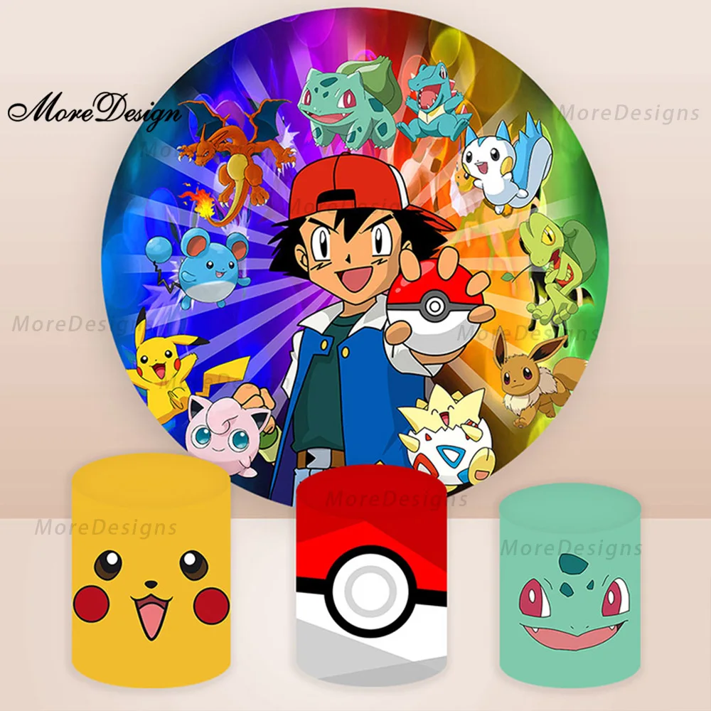 Fondo redondo de Pokémon para cumpleaños de niños, decoración de fiesta, cubiertas cilíndricas, fondo fotográfico de tela, estudio fotográfico para niños