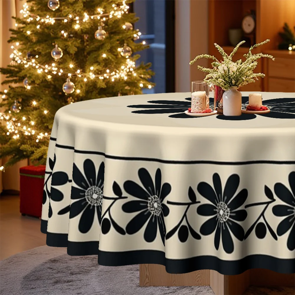 A round tablecloth with Christmas, Easter and floral designs, perfect for family kitchens and dining rooms