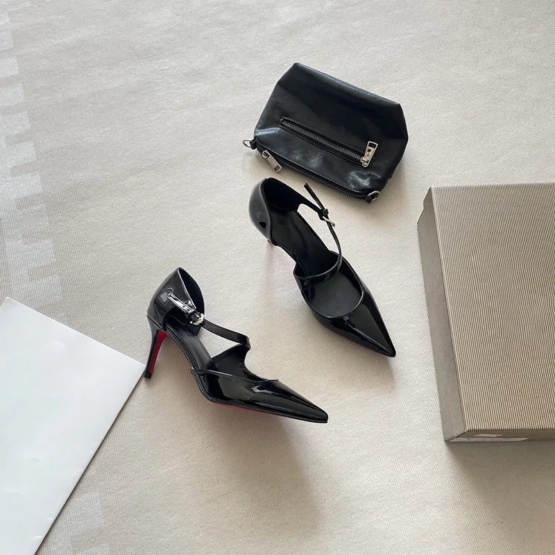 

Новые весенние туфли на высоком каблуке с красной верхней частью и боковыми ремешками для вечеринок, женская обувь, высококачественные дизайнерские туфли класса люкс