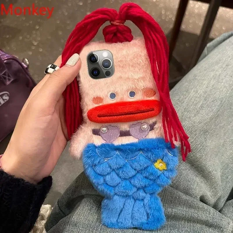 3D Cute Plush Mermaid Girls Gift Phone Case For iPhone 15 14 13 Pro Max 12 11 X XR 6 7 8 Plus Winter Fluffy Hair Soft Back Cover