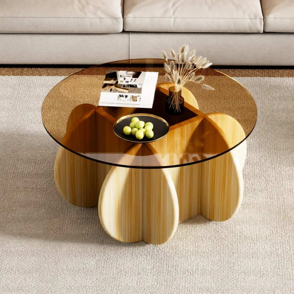 Round Coffee Table with Tempered Glass Top, Modern Center Table for Small Spaces - Sturdy Walnut Board Frame, Simple Design