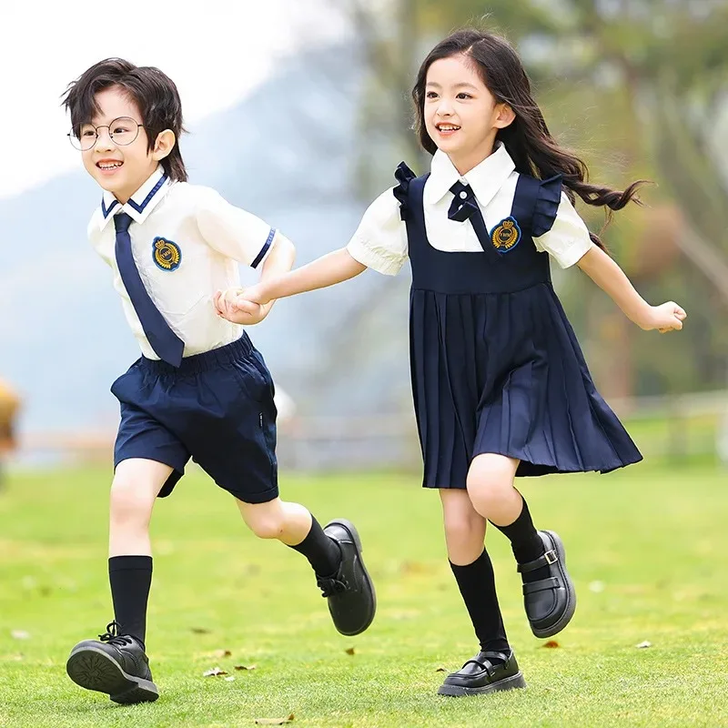 Children School Uniform Girls Shirts Solid Skirt Suits Boys Formal Dress Toddler Student Clothes Sets Kids British Class Outfits