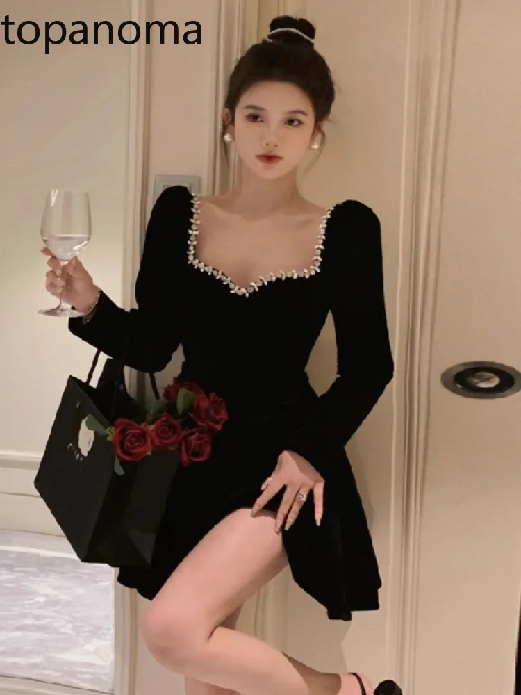 Topanoma Evening Cocktail Dresses Women Rhinestone Sexy Sqaure Collar Long Sleeve Slim Birthday Party Banquet Dress Princess