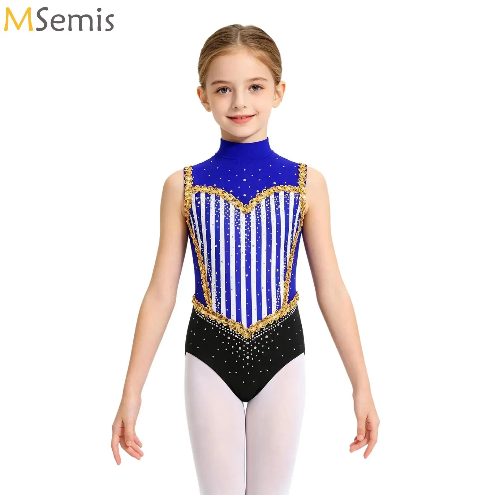 

Kid Girls Ballet Dance Stripe Jumpsuit Rhythmic Gymnastics Leotards Jersey Shiny Rhinestones Competition Performance Costume
