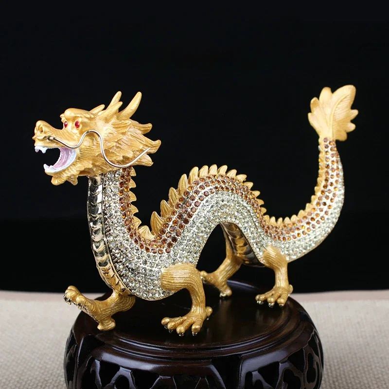 

Colorful Chinese Zodiac Dragon Statue Metal Enamel Craft Rhinestones Crystals Figurine Home Office Desktop Decoration Gift