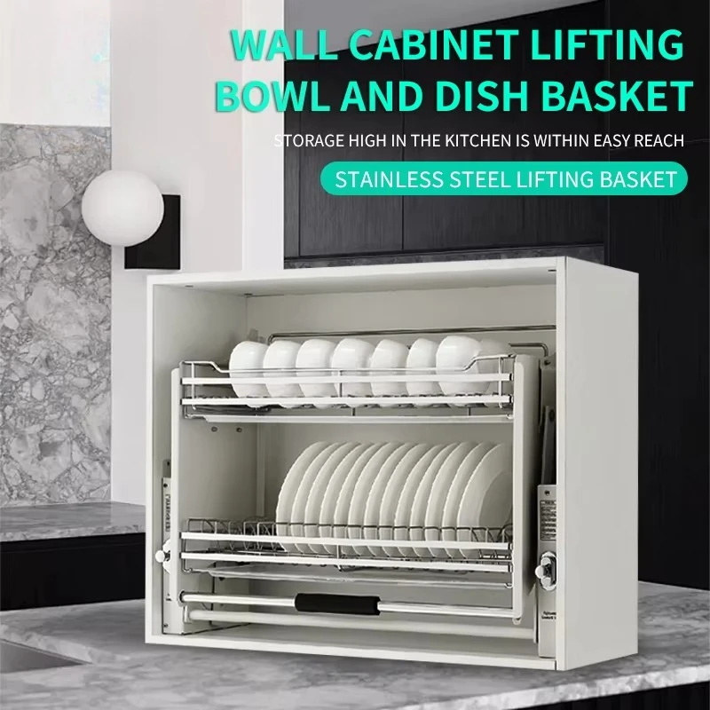 Kitchen Lift Pull Down Cabinet Basket Stainless Steel Lifting Pull Out Dish Rack Basket Lift Elevator 201 304SS Dish Dryer Rack