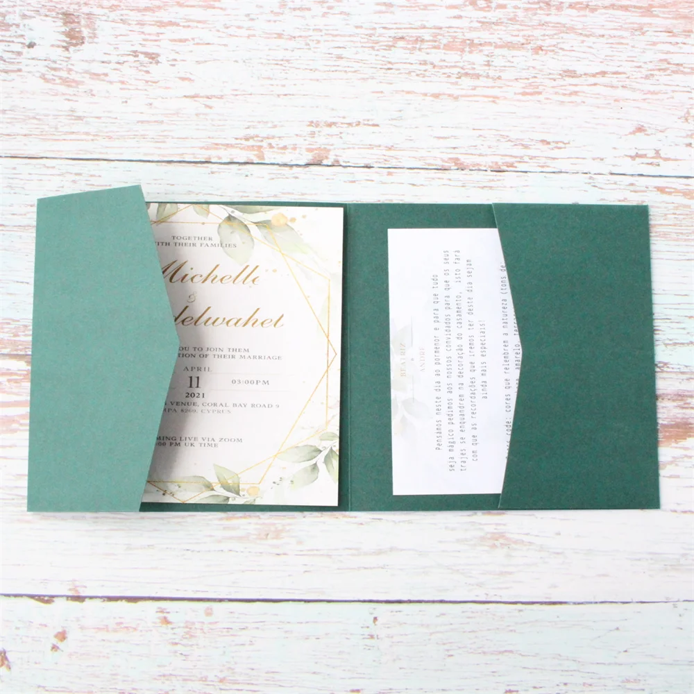 

Square Pocket Fold Invitations Matte Paper 250g Dark Green Wedding Marriage Celebration Invite Personalized Printing 50 Pcs