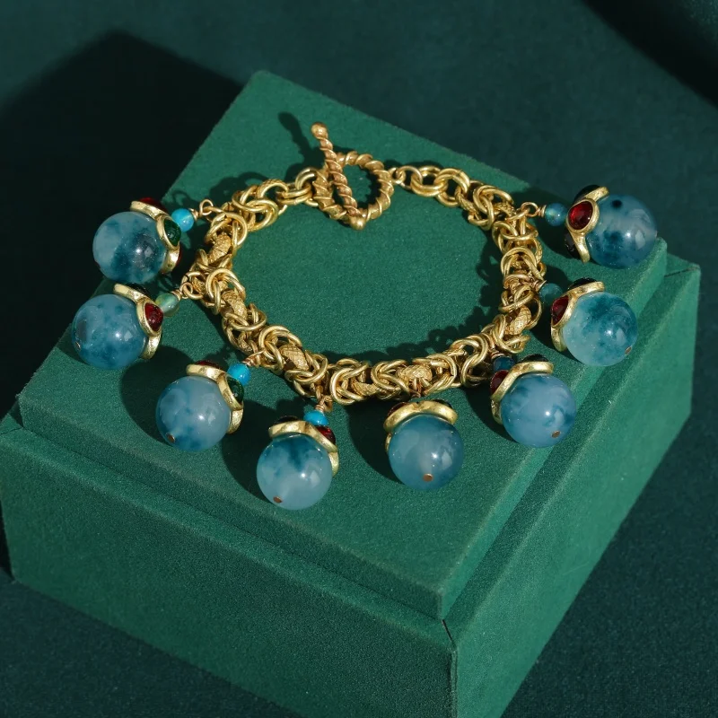 

Vintage Glass Blue Chain Bracelets Gold Color Victorian Woman Green Glass Ball Elegant Wrist Wedding Jewelry 2026 Accessories