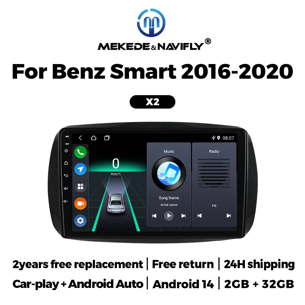 

Автомагнитола NAVIFLY 4 Core 9 дюймов для Mercedes-Benz Smart 2016-2020, Android 14, мультимедийный плеер, Carplay, Auto, GPS-навигация, WIFI, BT